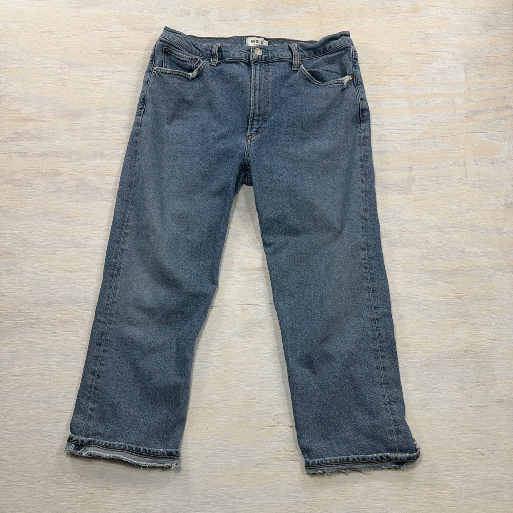 AGOLDE Jeans Wilder 31 High Rise Raw Hem Straight Leg Blue Denim Womens